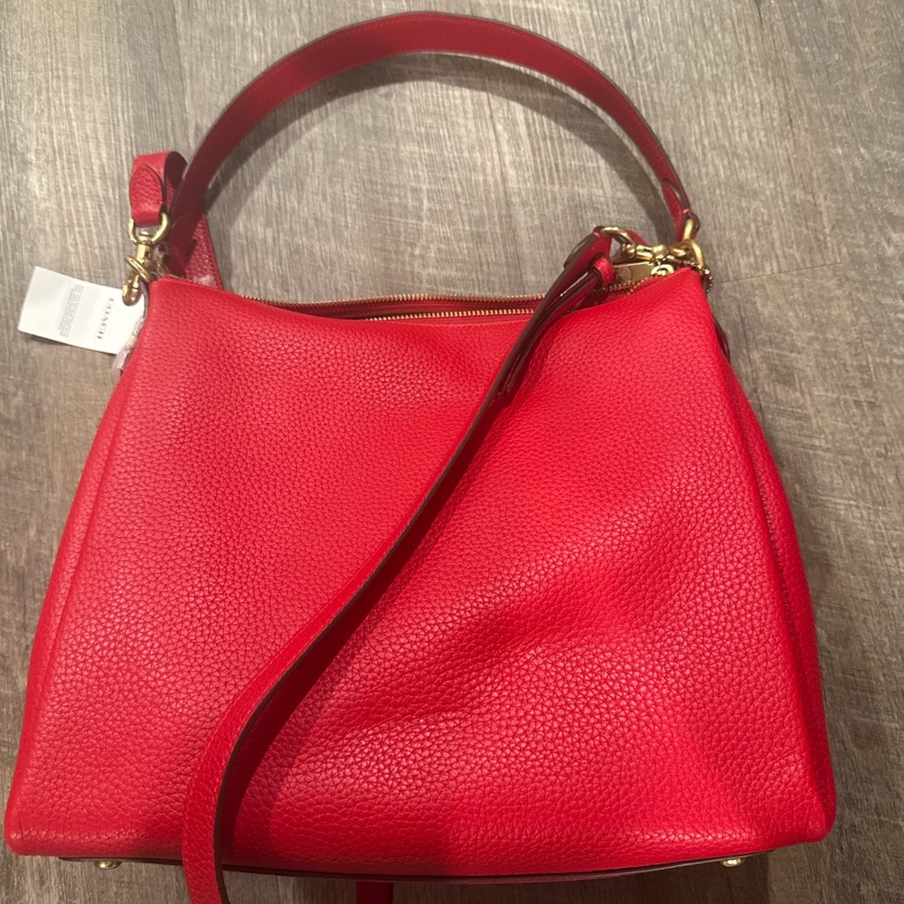 Coach Red Pebbled Leather Shoulder Bag with Gold Hardware